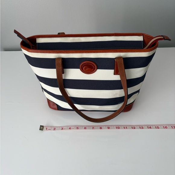 Dooney & Bourke Blue White Striped Tote Bag Leather Trim Classic - Picture 2 of 10